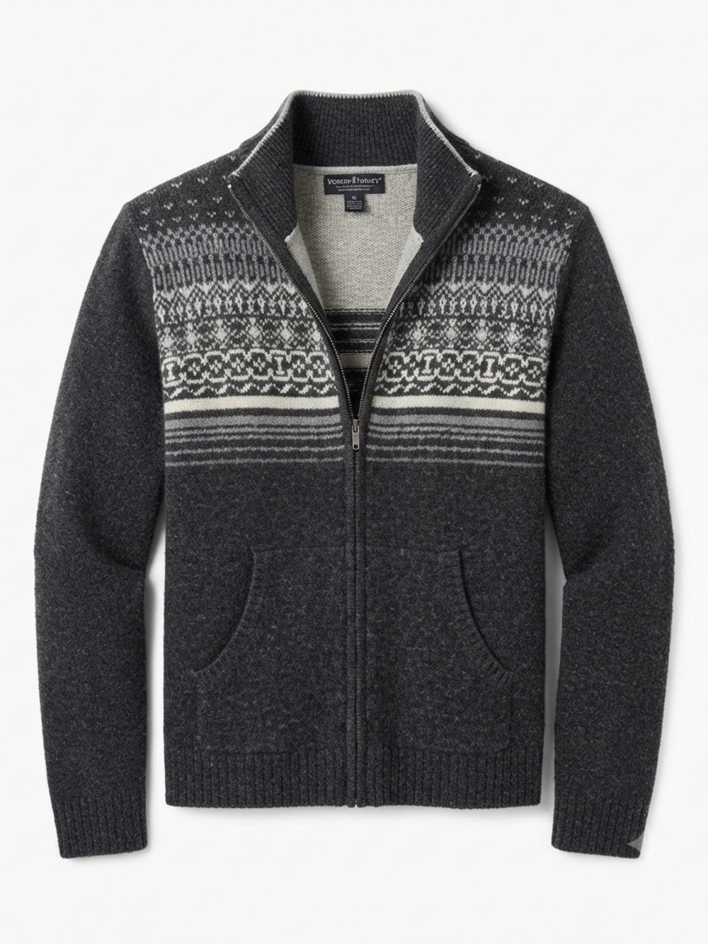 Gray 100% Wool Fair Isle Zip Up Sweater Jacket Mock Neck Nordic Knit Cardigan M